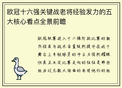 欧冠十六强关键战老将经验发力的五大核心看点全景前瞻